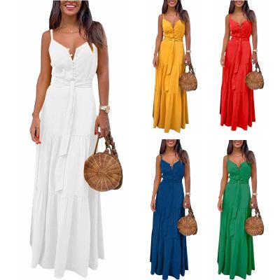 China Breathable Green Long Dress Women Belt Elegant Ruffles Party Long Maxi Dress Breathable V-Neck Tunic Summer Dress Spaghetti To Tie Up Casual Vestidos Mujer for sale