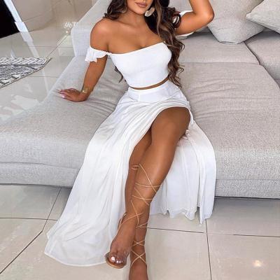 China Bohemian Breathable Breathable Style 2 Piece Short Sleeve Vintage Off The Shoulder Cropped Top Long Split Skirt Set 2021 Summer Boutique Dress for sale