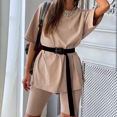 China 2020 Summer Breathable Breathable Women Set Casual Khaki Two Piece Neck Loose Short Sleeve Biker Sets O Shirt Shorts Top White Suit for sale