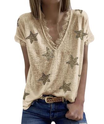 China Wholesale Anti-Wrinkle V-Neck Summer Shirt And Top With Floral Lace Women Tops Fashion T-shirt for sale