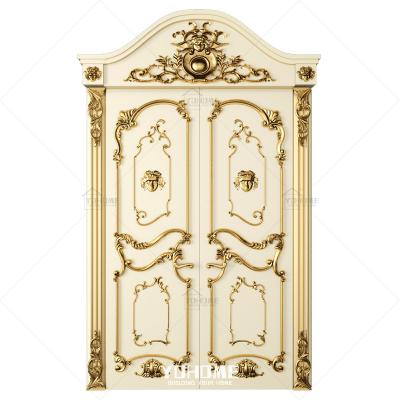 China Fire protection villa luxury solid wood exterior double door double main entrances European entrance with gold trim wooden double door for sale