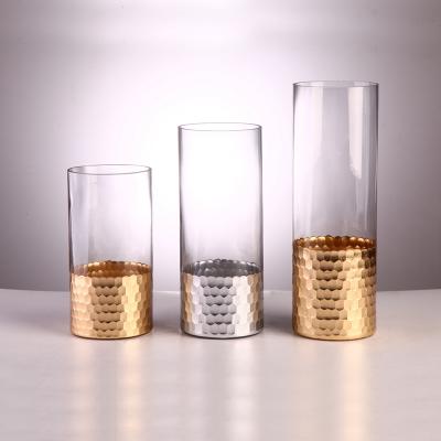 China Decorative Gold Leaf Cylinder Glass Wedding Vases for sale