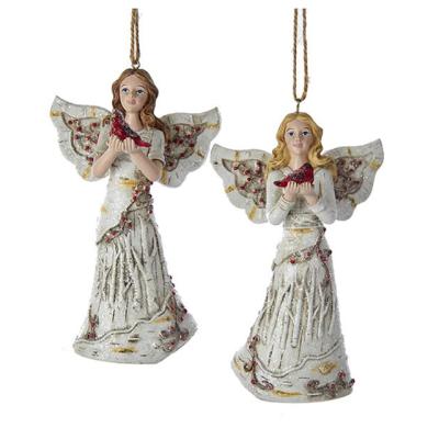 China Europe Pack of 12 Birch Resin Berry Angels Holding Cardinals Glitter Christmas Figure Ornaments for sale