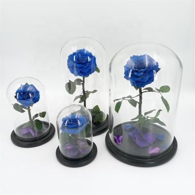 China Handmade Decorative Preserved Flower Festival Gift Rose Set Mounted In Glass Dome Gift Packing Box for sale