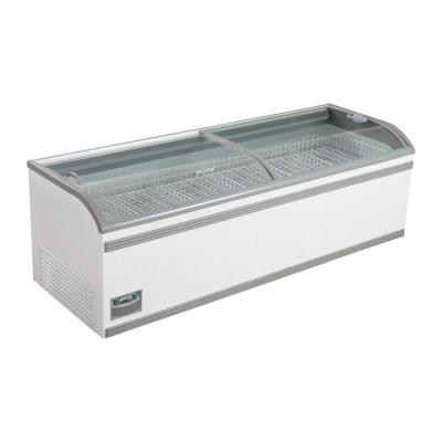 China Double-temperature push through low temperature glass harge door cooler island freezer for supermarket for sale