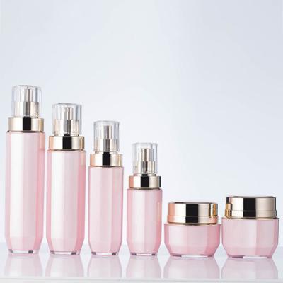 China Pink cosmetic luxury octagon hot sale empty plastic acrylic lotion pump bottles and 30g 50g cream cosmetic packaging jars for sale