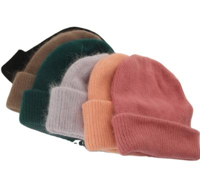 China JOINT Custom Cashmere Beanies Rabbit Wool Fleece Striped Beanie Hats Men White Knit Cuffed Beanie for sale