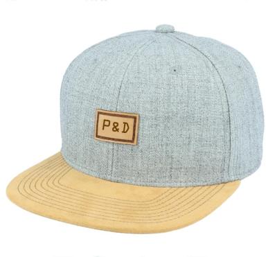 China Wholesale JOINT Hats Heather Gray Suede Brim Snapback Acrylic and Wool Caps with Embossed Leather Patch for sale