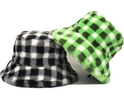 China Fuzzy One Size Plaid Plush Bucket Hats Winter Sherpa Women And Men Unisex Bucket Hats for sale