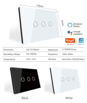 China Security / Durable Type 120*72mm Size Tuya App Control Lamp Switch Wifi Touch 3 Strip AU/US Smart Switch for sale