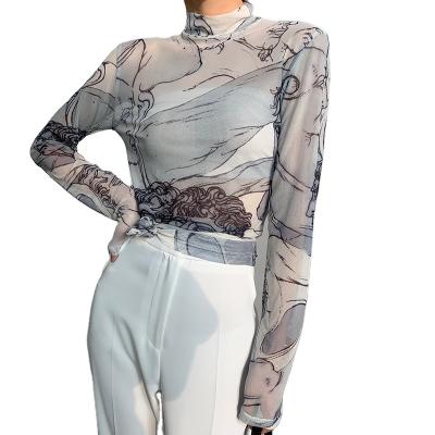 China Renaissance Printing High Neck Mesh Shirt Women Anti-pilling Long Sleeve Transparent Top for sale