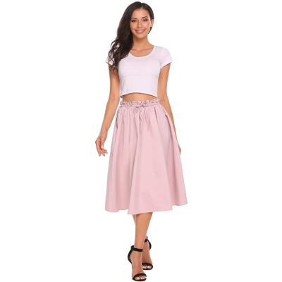 China High Quality Anti-static Summer Steam Pleated Skirt Women's Long Pink Dress High Waist Drawstring Skirt Pockets for sale