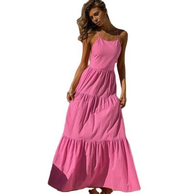 China New Style Halter Anti-Wrinkle Round Neck Lace-Up Summer Women's Sexy Rose Red Thin Waist Backless Long Dress Dresses for sale