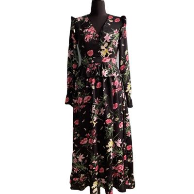 China Factory supply new spring V-neck satin anti-static floral sleeve dress and summer fashion new retro long sleeve dress for sale