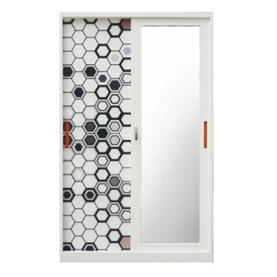 China Foldable pattern design transfer printing double sliding doors wardrobe with mirror geser ayun cetak baja 2 pintu for sale