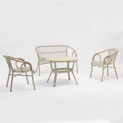 China Modern Popular 4 Piece Patio Garden Outdoor Deck Furniture Set Stackable Aluminum Chair and Table Design Rattan Unique Round Wicker for sale