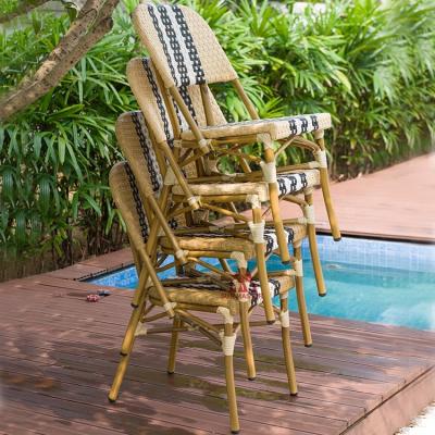 China Modern Outdoor Aluminum Stackable French Bistros Cafe Balcony Chairs Wicker Rattan Garden Furniture Chair And Bamboo Table Set for sale