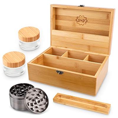 China Custom Magnetic Rolling Tray Weed Classic Recyclable Portable Bamboo Wooden Herb Stash Box with Grinder and Lock for sale