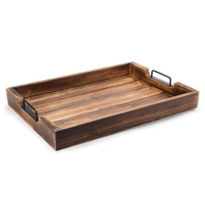 China Fashion Rustic Burnt Wood Serving Tray With Modern Black Metal Handles Wood Serving Tray Wooden Tray With Handles for sale