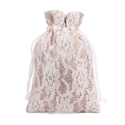 China Fabric Canvas and Lace Drawstring Small Gift Bag Pouch for Jewelry Wedding Favor for sale