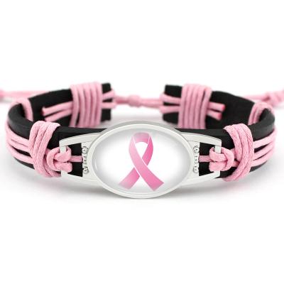 China TRENDY Pink Ribbon Breast Cancer Awareness Leather Wristband for sale