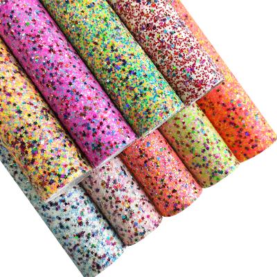 China High Quality Shiny Colorful Multicolor Sequins Chunky Glitter Faux Leather Fabric Anti-rust Star For Making Bag Hair Bow for sale