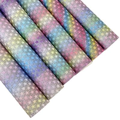 China Anti-rust Super Shiny Rainbow Pastel Stars Printed Glitter Fine Faux Leather Fabric For Making Hair Bow Shoe Accessories for sale