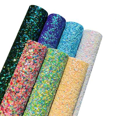 China Anti-rust Chunky Glitter Faux Leather Fabric Plastic Factory Circle Shiny Iridescent Design For Making Hair Clip Shoes Boots for sale