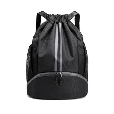 China Waterproof Customized Promotional Zipper Pocket Sport Nylon Polyester Drawstring Backpack Gym Bag With Logo for sale