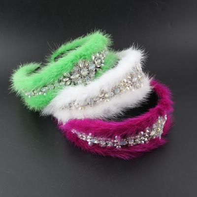 China Mink Fur Inlaid Diamond Hair Rhinaute Wide Edge Fluffy Hairpin Hair Accessories New Circle Luxury Women's Non-slip Headdress Fashion for sale