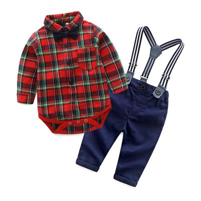 China High quality good quality autumn sweet wholesale boys bow tie plaid shirt rompers suspender detachable pants two-piece set for sale