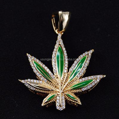 China Hip Hop 14K Gold Plated CZ Micro Pave Custom Enamel Weed Leaf Pendant for sale