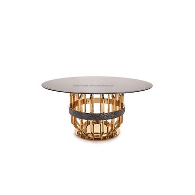 China Unique Metal Rental Black Frame Gold Tempered Glass Furniture Wedding Event Round Rushing Design Round Dining Table for sale