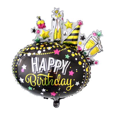 China Gift Toy Black Happy Birthday Fireworks Foil Balloons Self Inflatable Globos Perfect for Adult Kids Birthday Party Holiday Decorations for sale