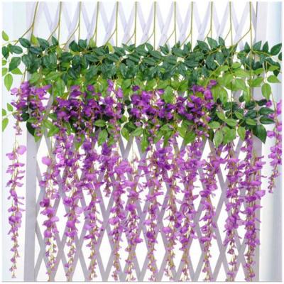 China Hanging Flower Wedding Eco-friendly Indoor Purple Wisteria Artificial Plastic Silk Garland Branches Wisteria Rose Arch Decor Hanging Flower for sale