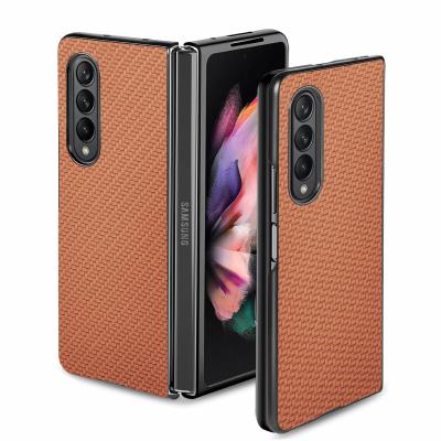 China Wholesale Shockproof Full Cover PC Pattern Carbon Fiber Hard Back Cover Folding PU Leather Phone Case For Galaxy Z Fold 3 for sale