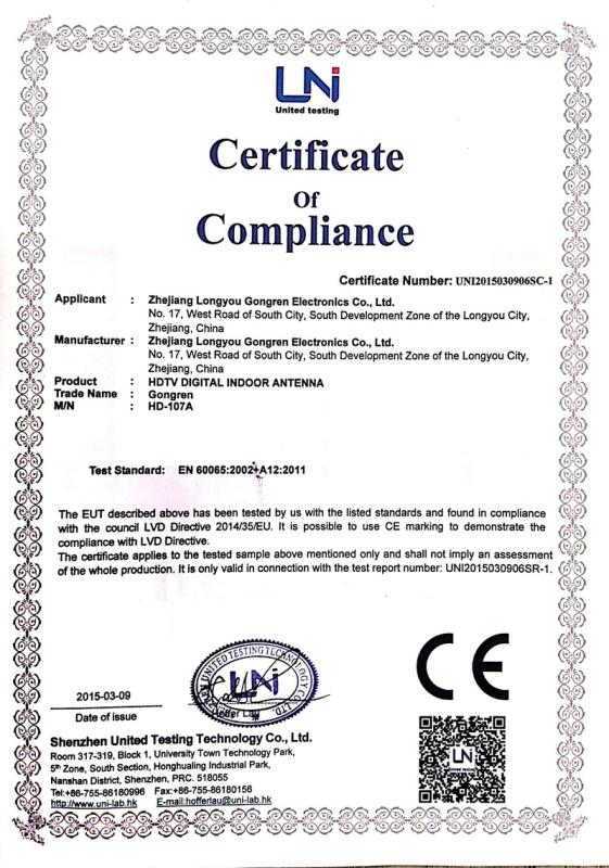 CE - Zhejiang Longyou Gongren Electronics Co., Ltd.