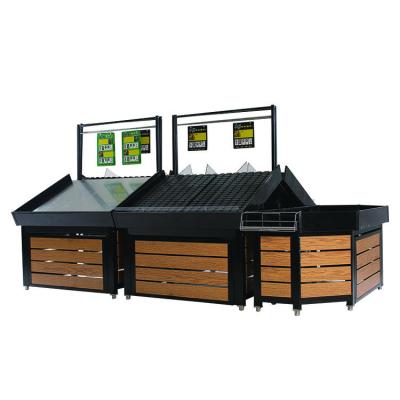 China Double Sided Detachable Steel And Wooden Combination Vegetable And Fruit Display Market Shelves for sale