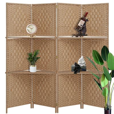 China Light Brown Art Deco Bedroom Privacy Screens Room Divider 4 Panel Folding Paper Wall With Shelves for sale