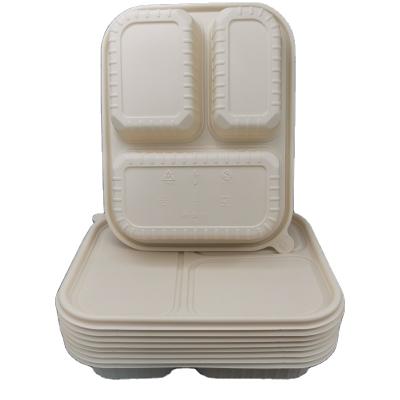 China Cornstarch Three Piece Lunch Box Food Grade Stocked Lunch Box With Cover Disposable Office Takeout Tableware for sale