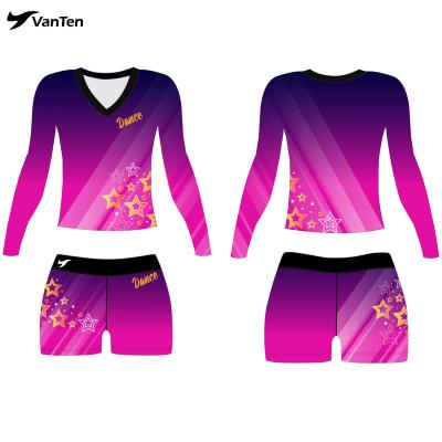 China Breathable Custom Size Plus Size Dance Team Wear V-neck Long Sleeve Crop Cheerleading Dance Top Shorts for sale