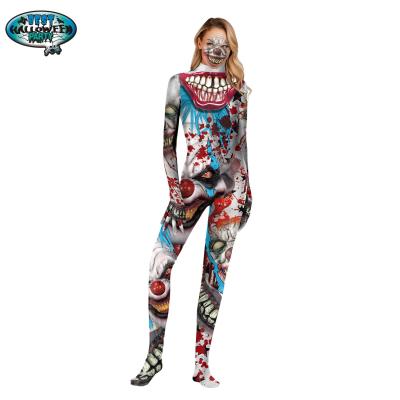 China Halloween Costume Party Joker Clown Terror Face Cosplay Costume Spandex Printed Adult Zipper Jumpsuit for sale