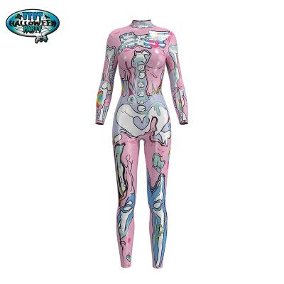 China Anti-Static 3D Womens Skeleton Overalls Ribs Print Colorful Pink Flowers High Neck Long Sleeve Jumpsuits for sale