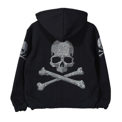 China 2021 Autumn Wholesale Women Men's Hoodies and Sweatshirts Custom Anti-wrinkle Zipper Bling Unisex Black Skeleton Skull Rhinestone Hoodie Men for sale