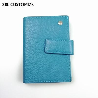 China High Quality Real Button Card Holder Sky Blue Cowhide Snap Blocking Business Card Holders for sale