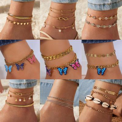 China New Drop Oil Border Simple Butterfly Summer Trend Anklet Chain Beach Shell Diamond Set Foot Pendant Ornament for sale