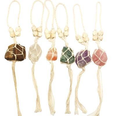 China Perfect Handmade Natural Crystal Car Fluorite Quartz Stone Car Pendant Decoration with Natural Tassel Healing Stone for sale