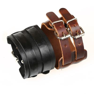 China High Quality Button Adjustable Waist Wide Band Two Layers Fit Wristband Vintage Genuine Leather Wristband for sale