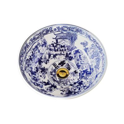 China Modern Popular Traditional Ceramic Basin Hotel Design Pattern Basin Blue Gold Wash Sink With Faucet for sale