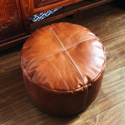 China Adjustable (Height) Leather Tan Color Storage Round Traditional Moroccan Ottoman Pouf Cover For Kids for sale